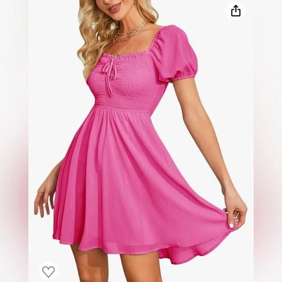 Byinns Women's Sweetheart Neckline, Smocked, Puff Short Sleeve Drawstring Dress - Picture 3 of 6